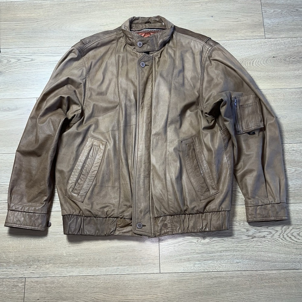 Vintage London Fog Men's Large Leather Bomber Jacket Brown Thinsulate 3M Zip